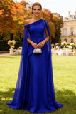 Dark Green Long One Shoulder Chiffon Wedding Guest Dress with Cape