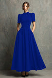Black Short Sleeves High Neck A-Line Long Formal Dress with Pockets