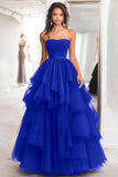 Black Ball Gown Tulle Tiered Strapless A Line Prom Dress