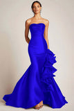 Strapless Satin Mermaid Long Black Tie Dress with Ruffles
