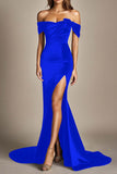 Black Off the Shoulder Mermaid Floor Length Formal Dress with Slit