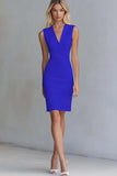Dusty Blue Bodycon Ivory V-Neck Short Work Dress