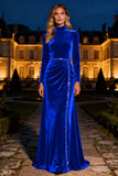 Sparkly Mermaid Royal Blue Long Velvet Holiday Party Dress with Beading
