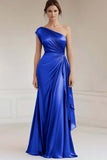 Peacock One Shoulder Sheath Satin Maxi Ruched Formal Dress