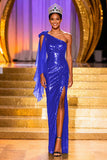 Sparkly Dark Green One Shoulder Sequin Long Pageant Dress with Slit