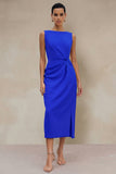 Orange Midi Bateau Neck Sleeveless Ruched Pencil Work Dress with Slit