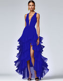 A Line Plum Sleeveless V-Neck Tiered Long Formal Dress with Slit