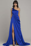 Satin Peacock A Line One Shoulder Ruched Long Formal Dress with Slit