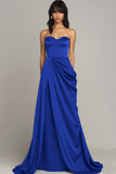 A Line Strapless Peacock Satin Long Formal Dress with Slit