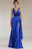 Peacock Sheath Satin Sleeveless Long Formal Dress with Ruffles