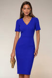 Navy Bodycon V Neck Short Sleeves Midi Work Dress