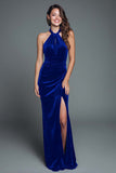 Burgundy Halter Mermaid Velvet Maxi Holiday Party Dress with Slit