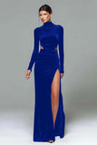 Burgundy Velvet Sheath High Neck Cut Out Long Holiday Party Dress with Slit