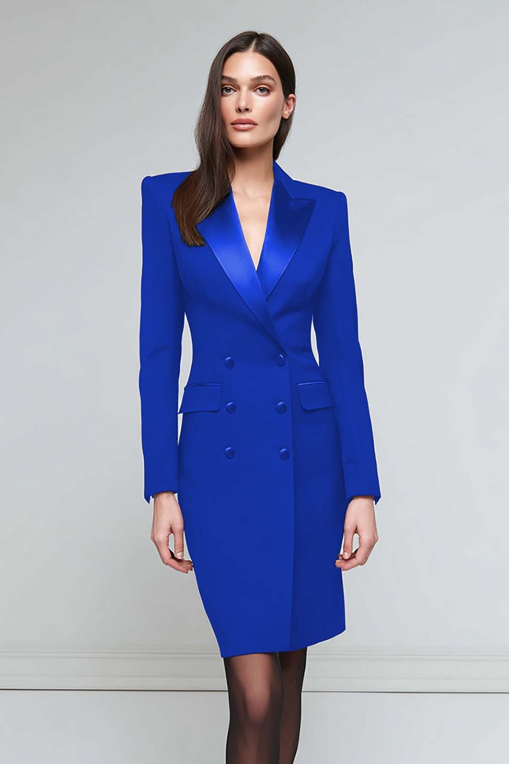 royal blue blazer dress Leely Women Black Satin Pencil Short Blazer Dress Long Sleeves Peak Lapel Double Breasted Work Dress – leelyuk