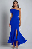Navy Sheath Off the Shoulder Ruffled Maxi Formal Dress with Slit