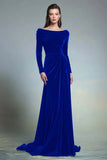 Elegant Plum Velvet Bateau Neck Long Formal Dress with Sleeves