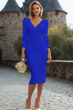 Midi Ivory V-Neck Bodycon Engagement Dress with Sleeves