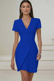 Ivory V-Neck Pleated Short Pencil Work Dress with Sleeves
