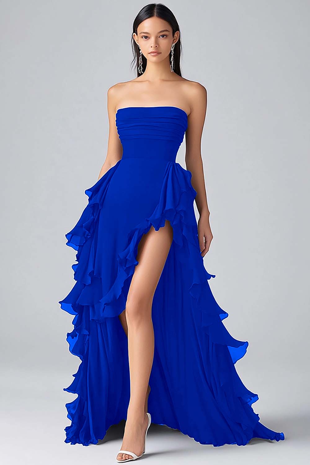 Leely Women Black Long Chiffon Formal Dress with Slit Strapless Ruffled Black Tie Dress leelyuk Leely Women Black Long Chiffon Formal Dress with Slit Strapless Ruffled Black Tie Dress leelyuk