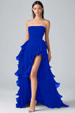 Black Strapless Ruffled Long Chiffon Formal Dress with Slit