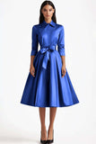 3/4 Sleeves A-Line Dusty Sage Knee Length Formal Dress with Sash