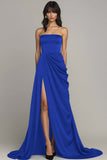 Peacock A Line Sleeveless Long Satin Formal Dress with Slit