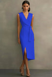 Dusty Rose V-Neck Sheath Tea Length Semi Formal Dress with Sash