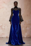 Black Velvet Sheath High Neck Maxi Holiday Party Dress with Lace