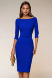 Navy Boat Neck Pencil Midi Work Dress with Slit