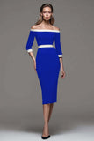 Black and White Patchwork Off the Shoulder Pencil Midi Work Dress with Sleeves