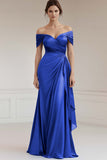 Satin Peacock Sheath Off the Shoulder Long Formal Dress