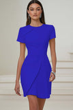 Dusty Blue Bodycon Satin Short Pleated Work Dress with Sleeves