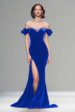 Sparkly Plum Velvet Mermaid Long Holiday Party Dress with Slit