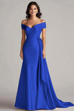 Peacock Mermaid Satin Off the Shoulder Long Formal Dress with Pleats