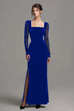 Black Sheath Velvet Square Neck Holiday Party Dress with Slit
