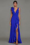 Dark Green Mermaid Ruffled V Neck Long Formal Dress with Slit