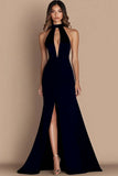 Royal Blue Simple Halter Satin Keyhole Mermaid Long Formal Dress with Slit