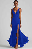 Ink Blue Chiffon Ruffled Maxi Ruffled Formal Dress with Slit