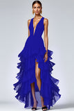 Black A Line Deep V-Neck Ruffled Long Formal Dress with Slit