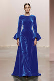 Dark Green Round Neck A Line Velvet Long Formal Dress with Sleeves