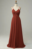 Red Pleated A-Line Floor Length Bridesmaid Dress