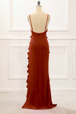 Rust Sheath Spaghetti Straps Long Bridesmaid Dress with Ruffles