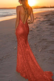 Sparkly Plum Spaghetti Straps Sequined Mermaid Formal Dress