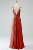 A-Line Pleated Spaghetti Straps Chiffon Bridesmaid Dress With Slit