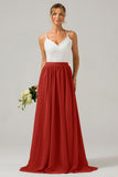 Pine A-Line Spaghetti Straps Pleated Long Bridesmaid Dress With Lace