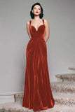Burgundy Velvet Mermaid Thick Straps Long Ruched Holiday Party Dress