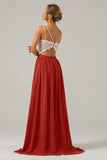 Pine A-Line Spaghetti Straps Pleated Long Bridesmaid Dress With Lace