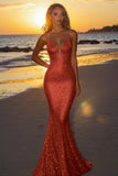 Sparkly Plum Spaghetti Straps Sequined Mermaid Formal Dress
