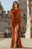 Caramel Velvet Ruffled Mermaid Long Holiday Party Dress with Slit