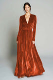 Brown Velvet A Line Long Sleeves Pleated Holiday Party Dress